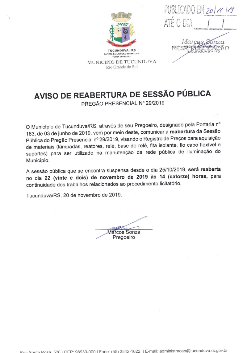 AVISO DE REABERTURA DE SESSÃO PÚBLICA PP 29_2019 SRP AQUIS MAT ILUM PUBLIC